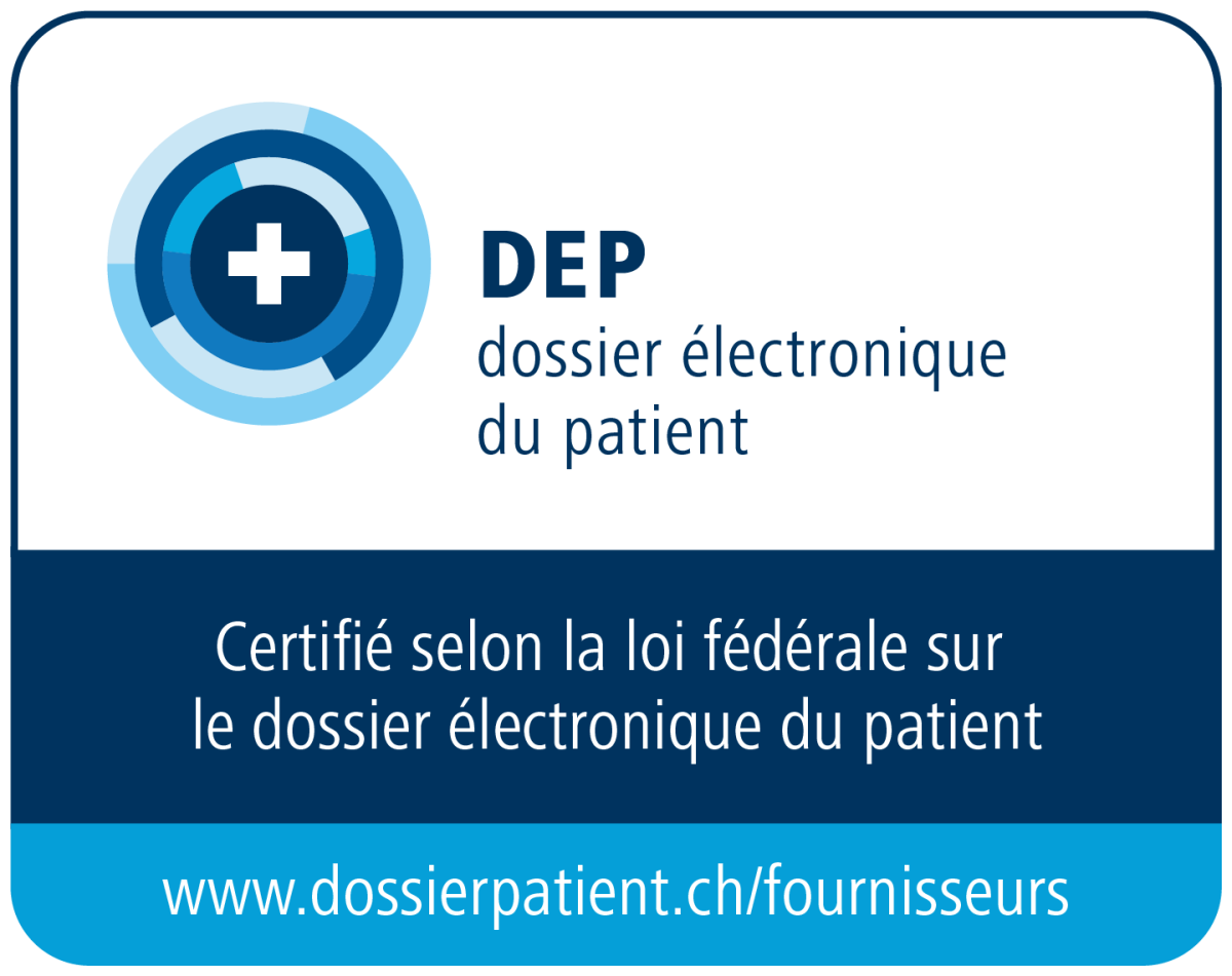 Marque de certification: La marque de certification contient le logo du DEP, la phrase "certifié selon la loi fédérale sur le dossier électronique du patient et un lien URL vers la liste des fournisseur de DEP certifiés, www.dossierpatient.ch/fournisseurs.